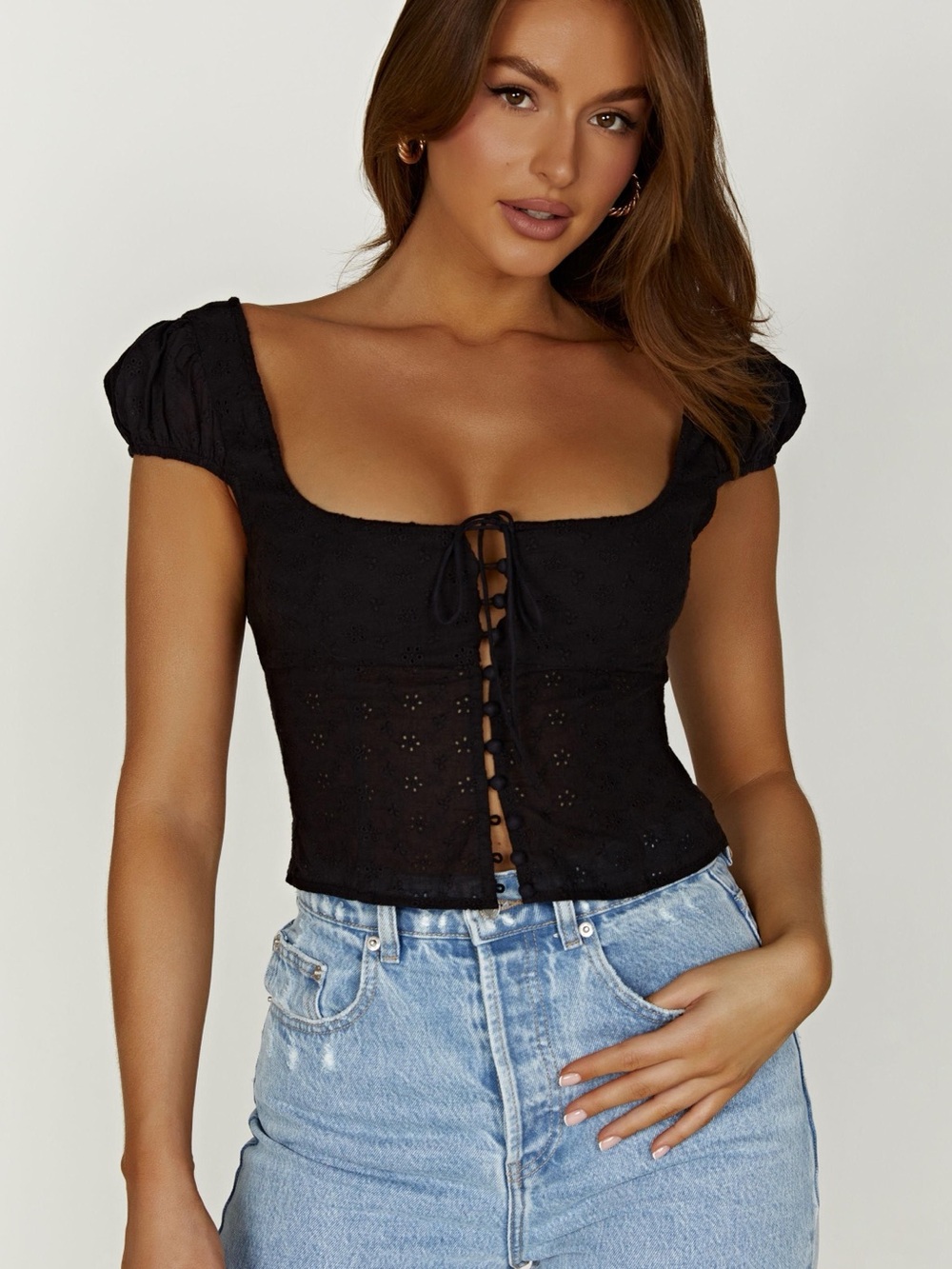 Meshki Cressida Cotton Anglaise Eyelet Puff Sleeve Milkmaid Top Black NWT